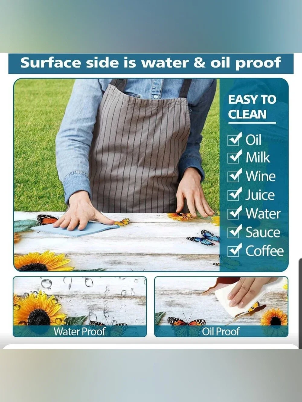 Sunflower & Butterfly Picnic Table Cover - White Background 72 X 30